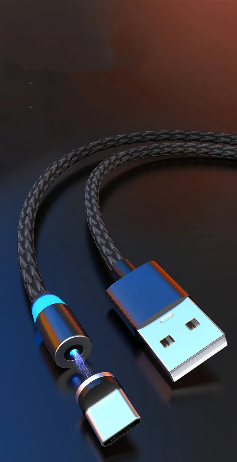 Multi-colour magnetic phone charging cable with breathing LED light and magnetic adapters for USB-C, Lightning, and Micro USB.