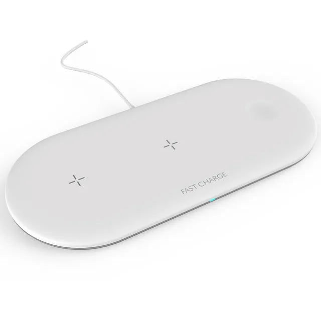 Black or white three-in-one wireless charging station for Apple phones, watches, and headphones