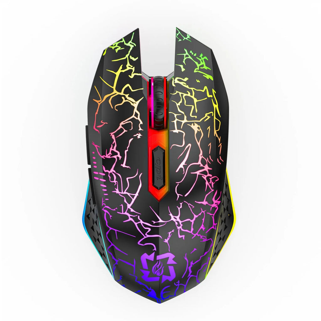 Black wireless gaming mouse with luminous breathing light effects on desktop with charging cable