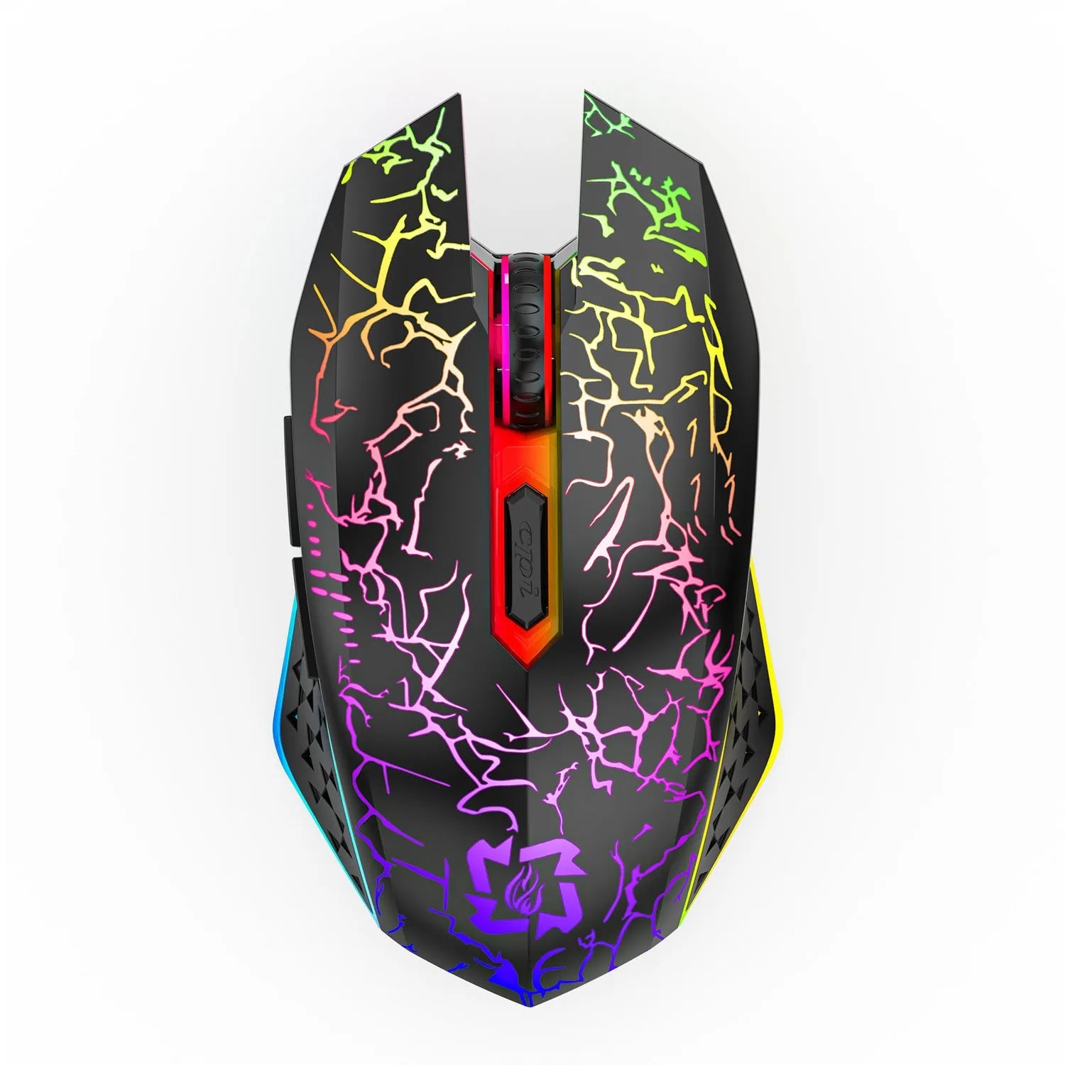 Black wireless gaming mouse with luminous breathing light effects on desktop with charging cable