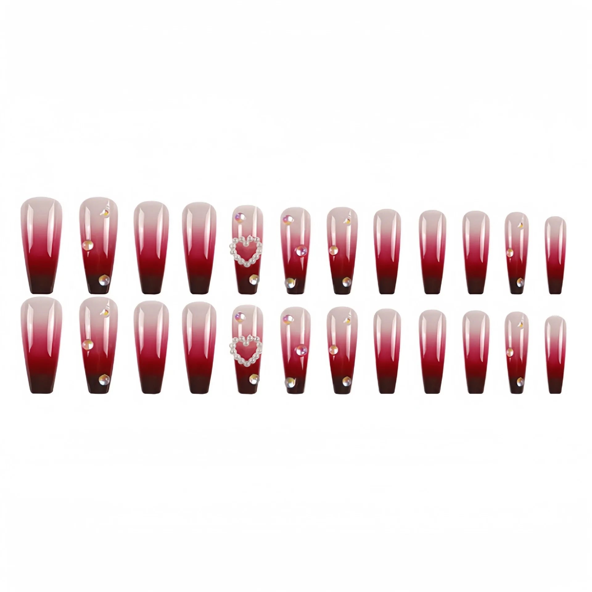 Wine red gradient fake nail tips with pearl heart design in a long ballet style.