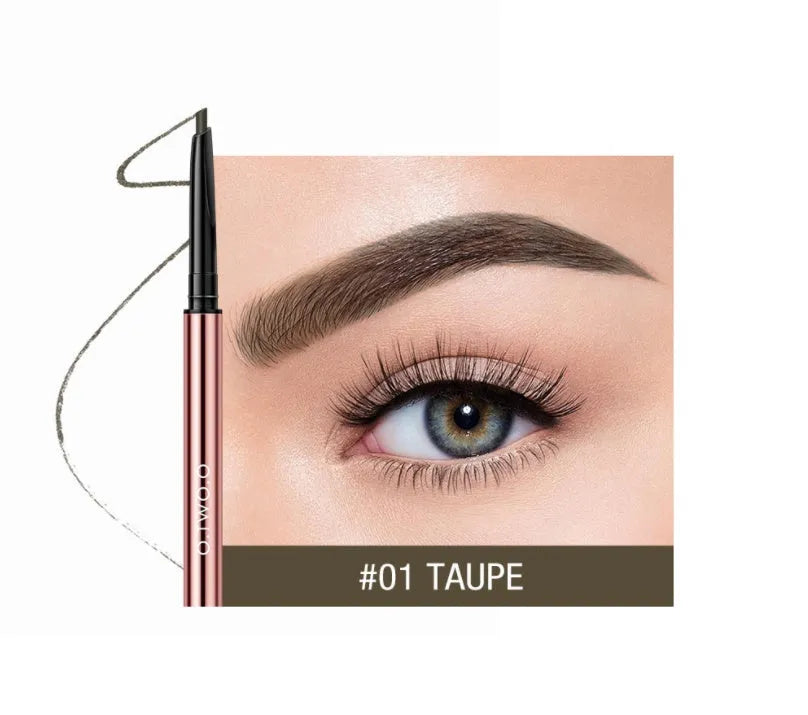 Square-shaped eyebrow pencil in colour box with Auburn, Blonde, Caramel, Dark Brown, Soft Brown, Taupe shade options.
