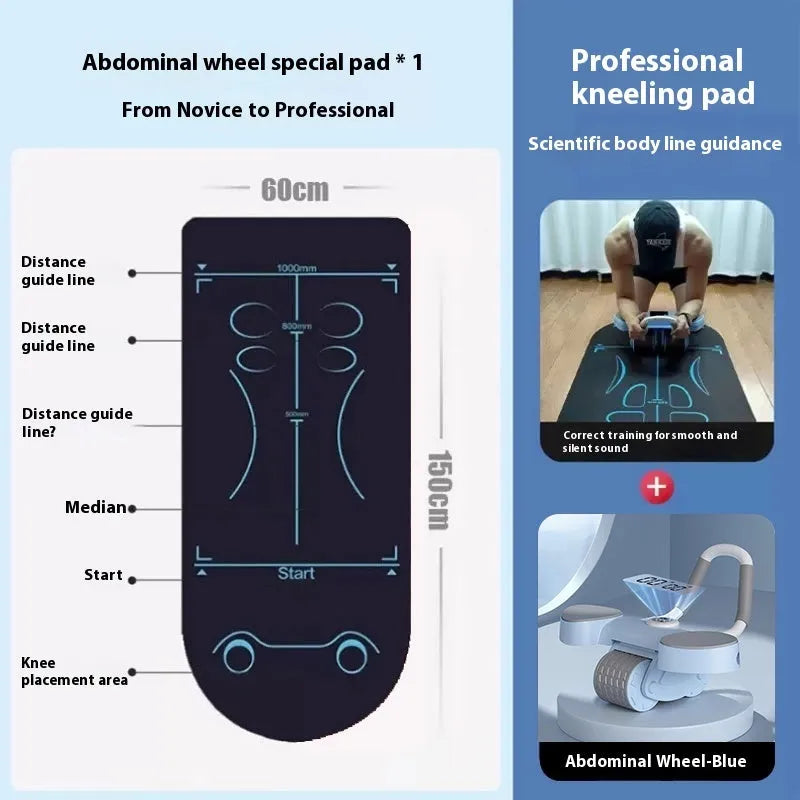 Abdominal wheel with elbow support and automatic rebound mechanism in blue colour