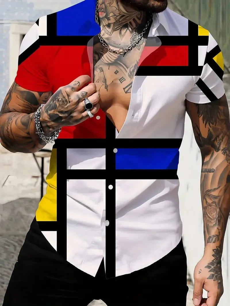 Men's slim fit geometric print lapel shirt in polyester fabric with short sleeves