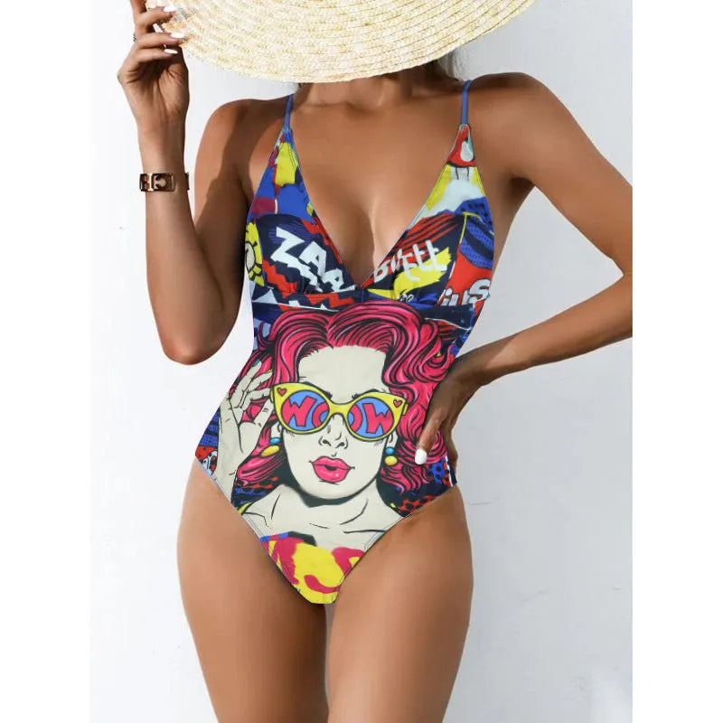 Plus size women's solid colour printed bikini swimsuit with backless design