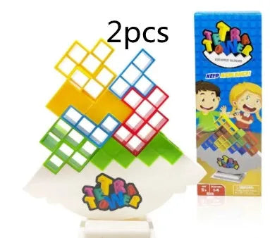 Plastic balance stacking board game with 16 colourful blocks, chassis, and base in a 26.5cm square box.