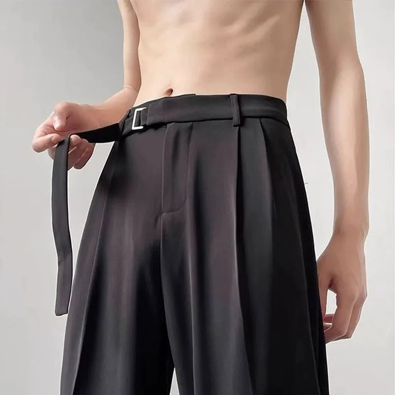 Thin straight black wide leg pants with loose casual fit and non-ironing finish