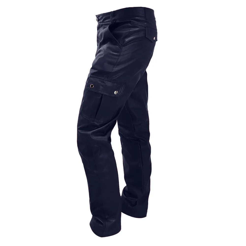 Tooling straight casual men's leather pants in black, PU leather, mid waist, European and American style