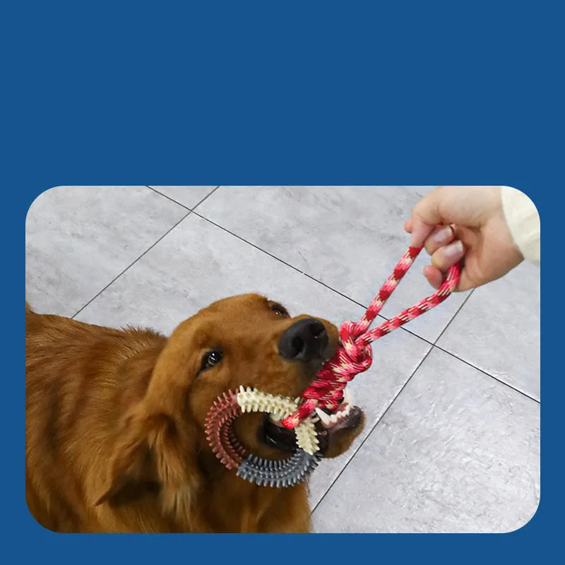 Blue braided rope dog chew toy with central knot measuring 43cm long