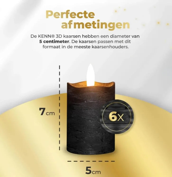 Black S6 LED flameless pillar candle showing 5cm diameter and 7cm height dimensions