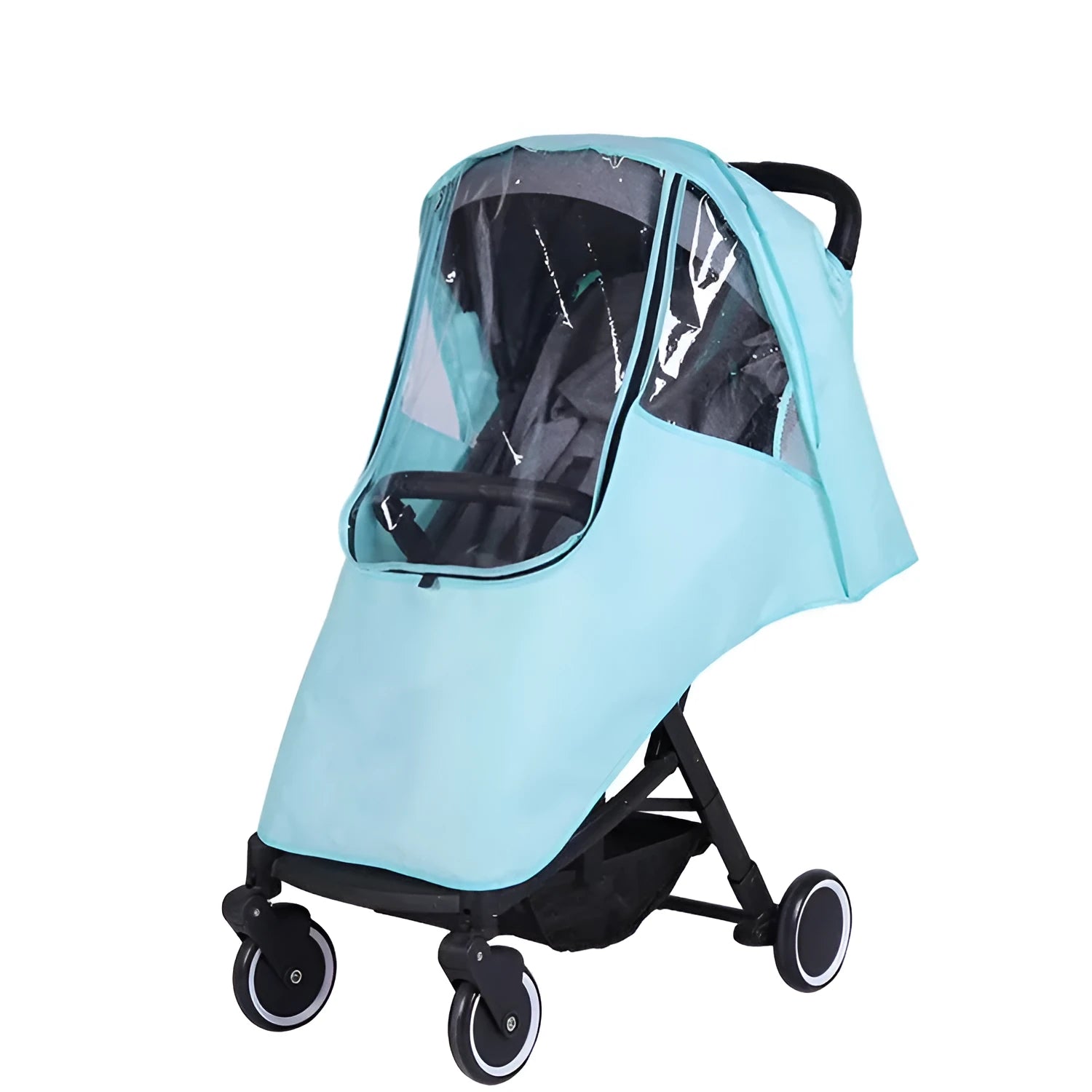 Universal baby stroller rain cover in waterproof fabric showing nonslip handle section.