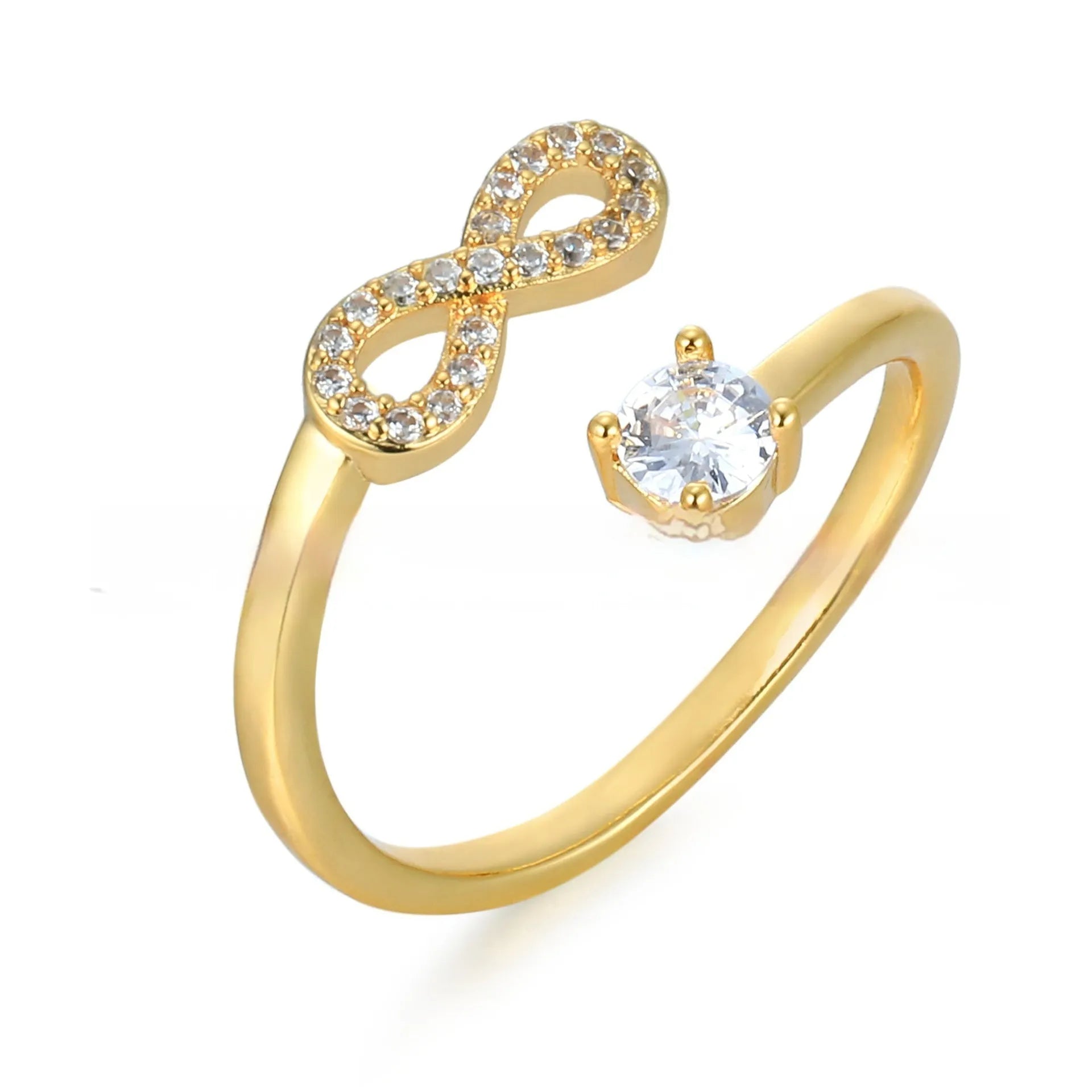 Open geometric alphabet ring with zircon inlay showing gold, rose gold and silver colour options