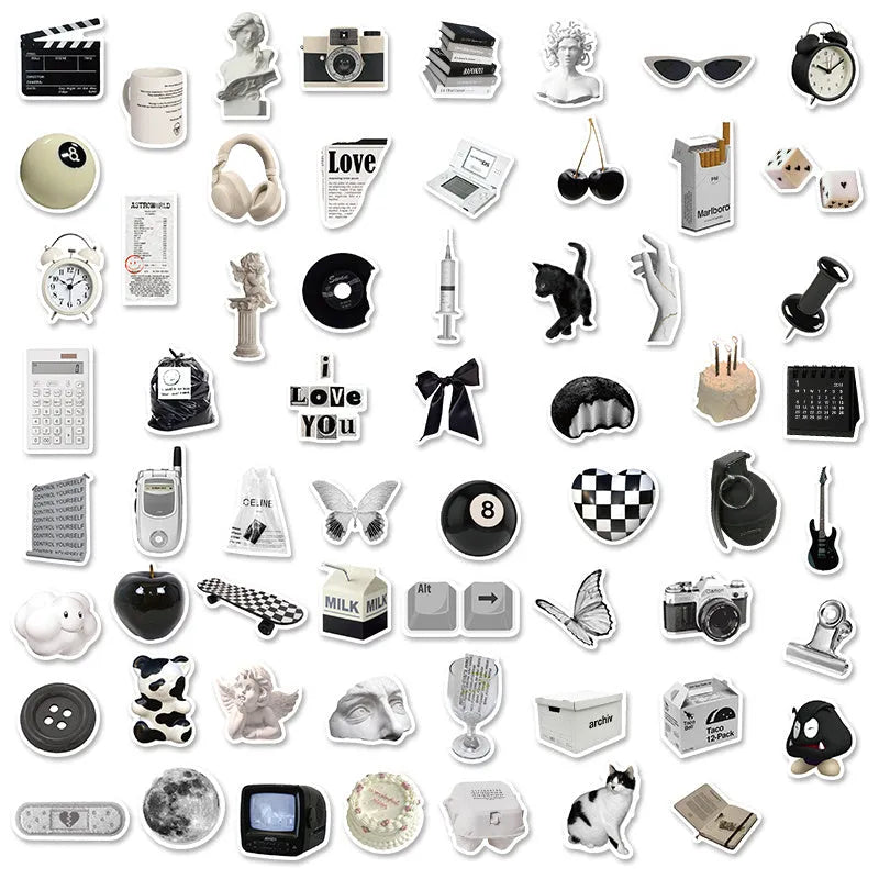 61-piece pack of black and white simple design PVC waterproof stickers for laptops and phones.