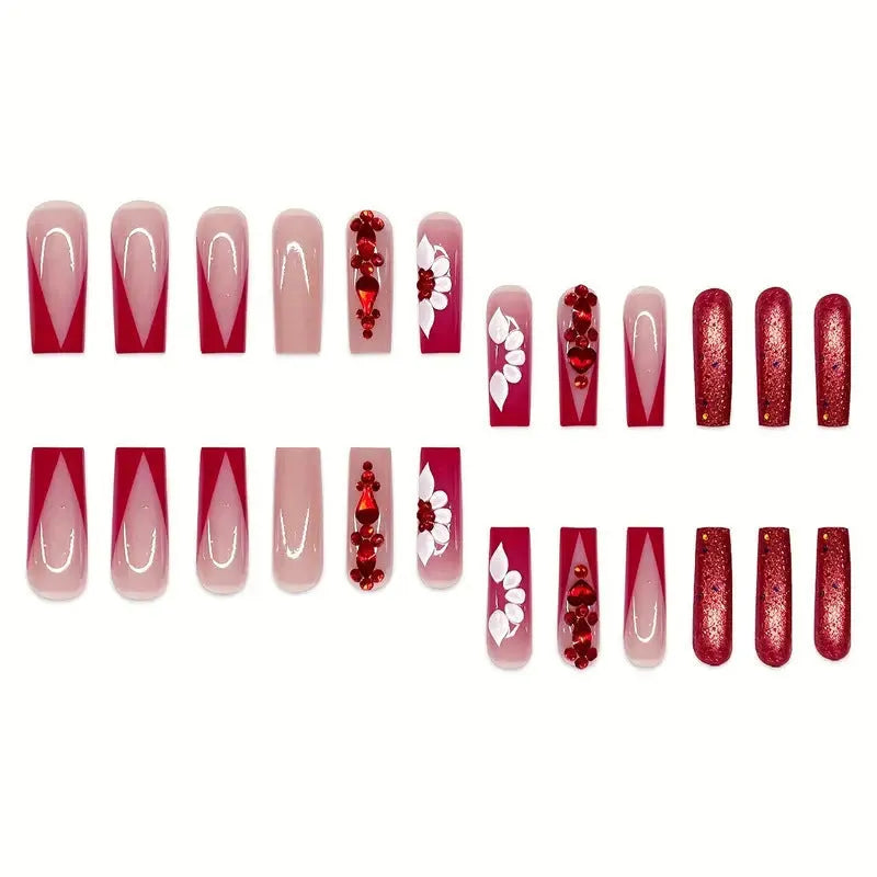 Sweet floral pattern removable artificial nails with prismatic red diamond accents in European square long shape