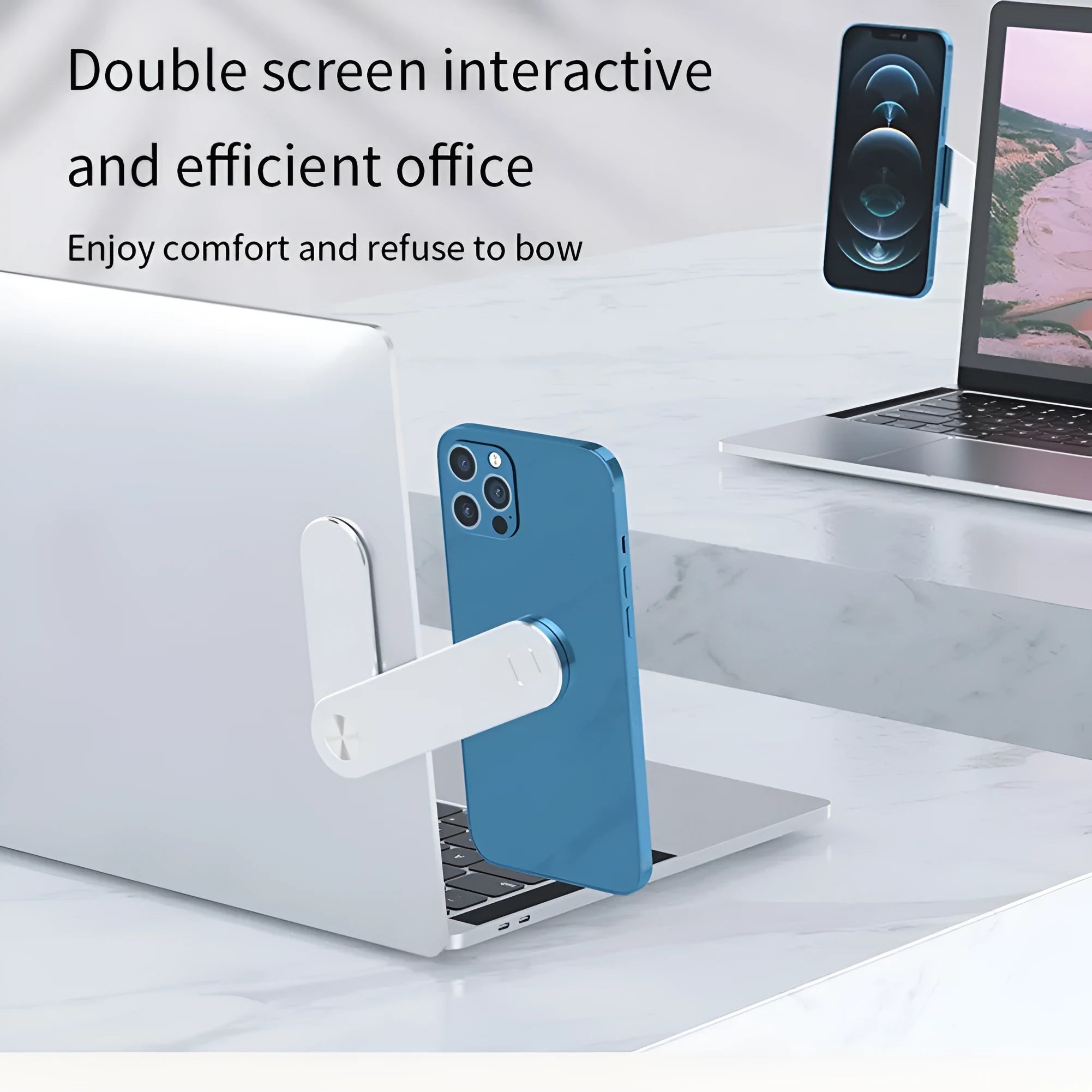 Black aluminum laptop phone holder with magnetic mount attached to computer monitor