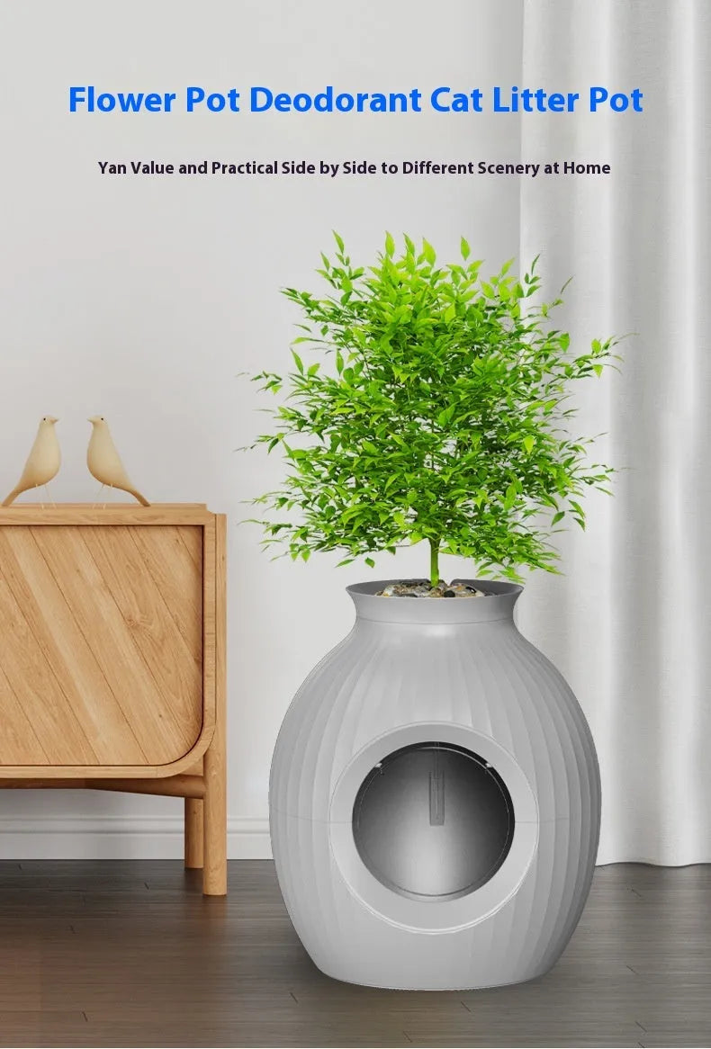 Flower pot style fully enclosed deodorant oversized ABS plastic litter box in gray, 485mm
