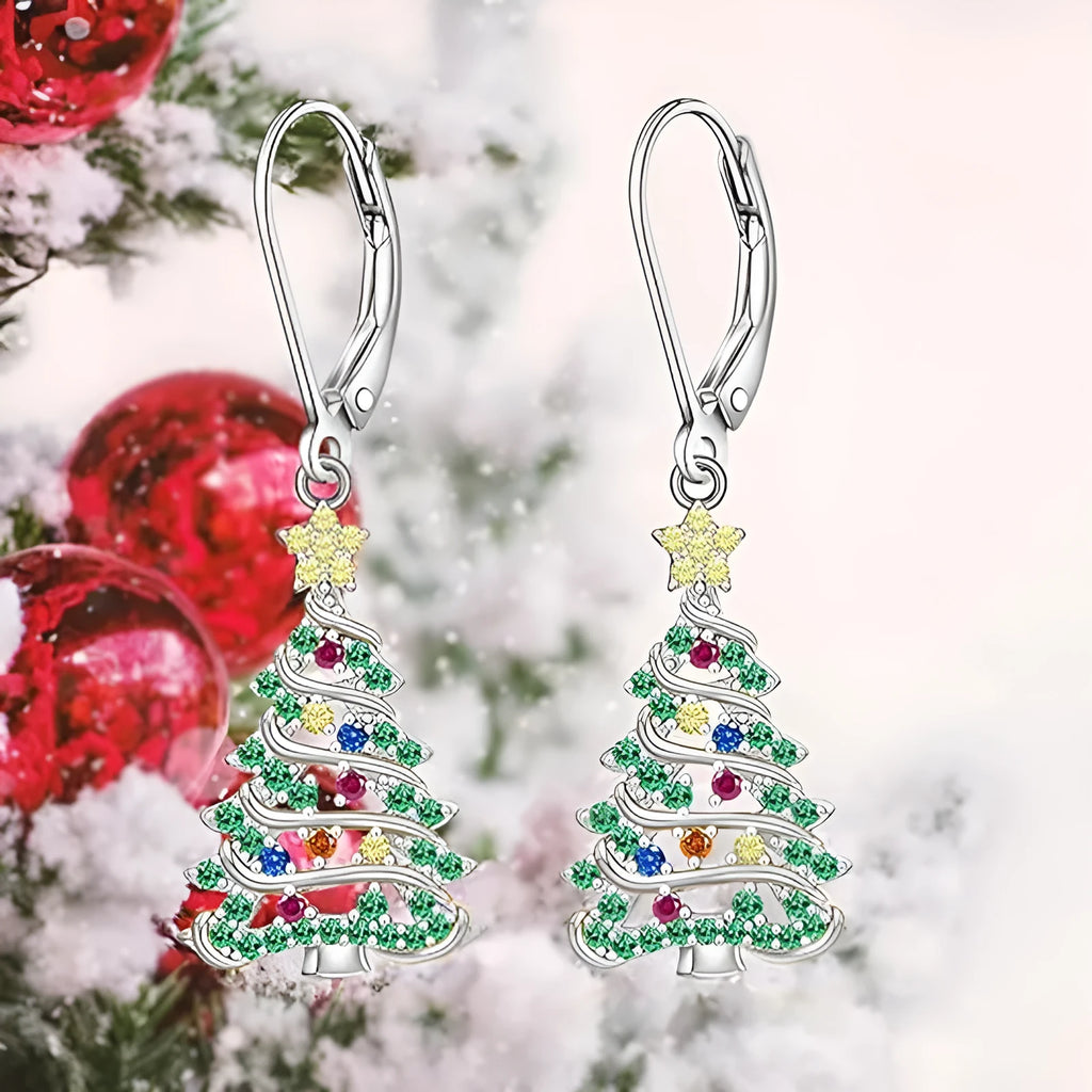 Women's Christmas tree earrings in copper with white gold colour finish and star shape design