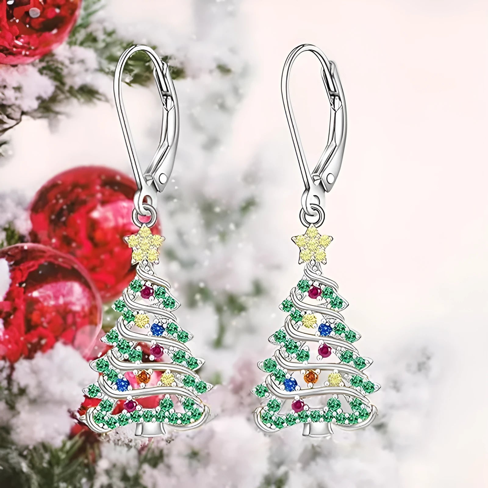 Women's Christmas tree earrings in copper with white gold colour finish and star shape design