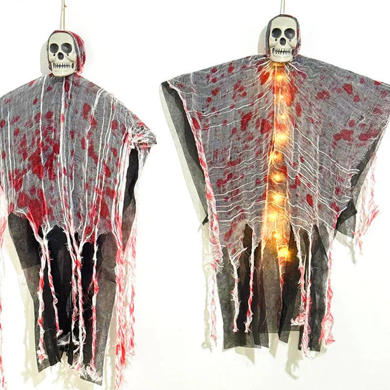 Plastic Halloween decoration featuring a blood-dyed luminous skull on a hanging ghost figure for outdoor displays.