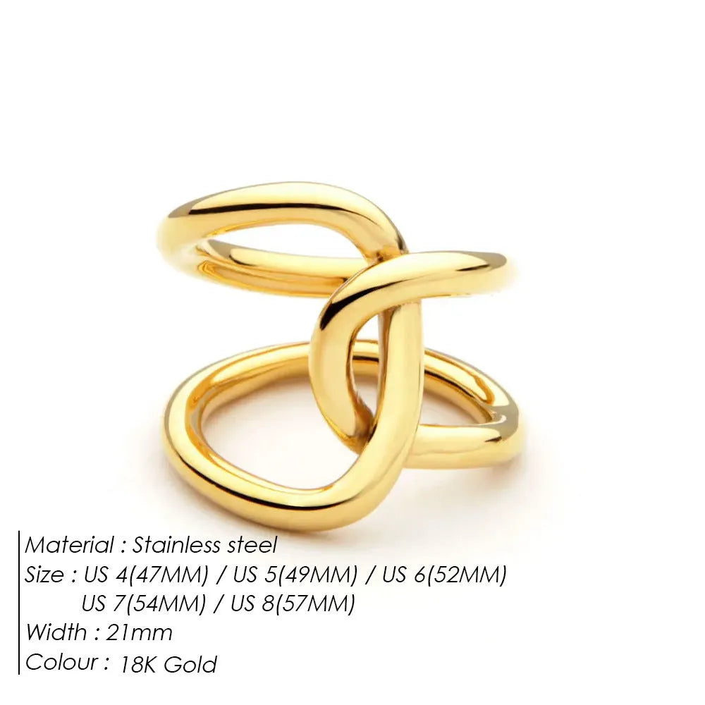 Geometric knot ring with U-shaped profile in stainless steel with adjustable opening mechanism