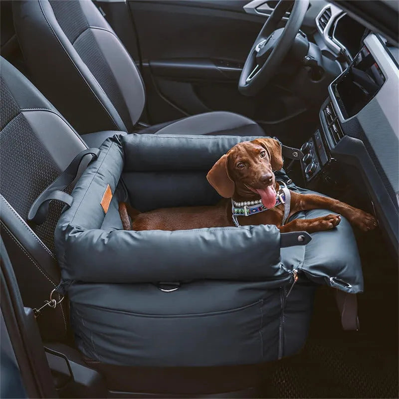 Green waterproof dog car nest with removable washable cover on a car seat