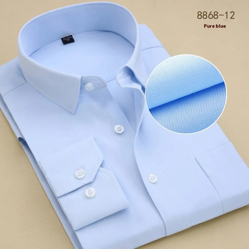 Men's black long sleeve business slim fit cotton shirt on a hanger