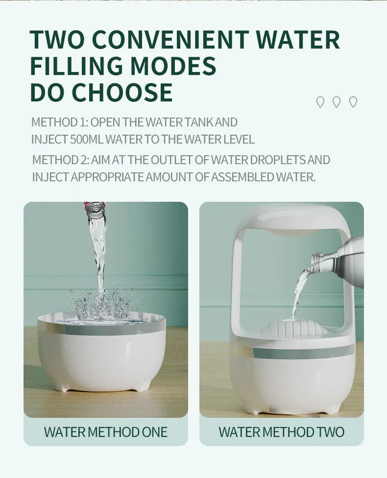 Black anti-gravity humidifier showing water droplet backflow effect with USB cable