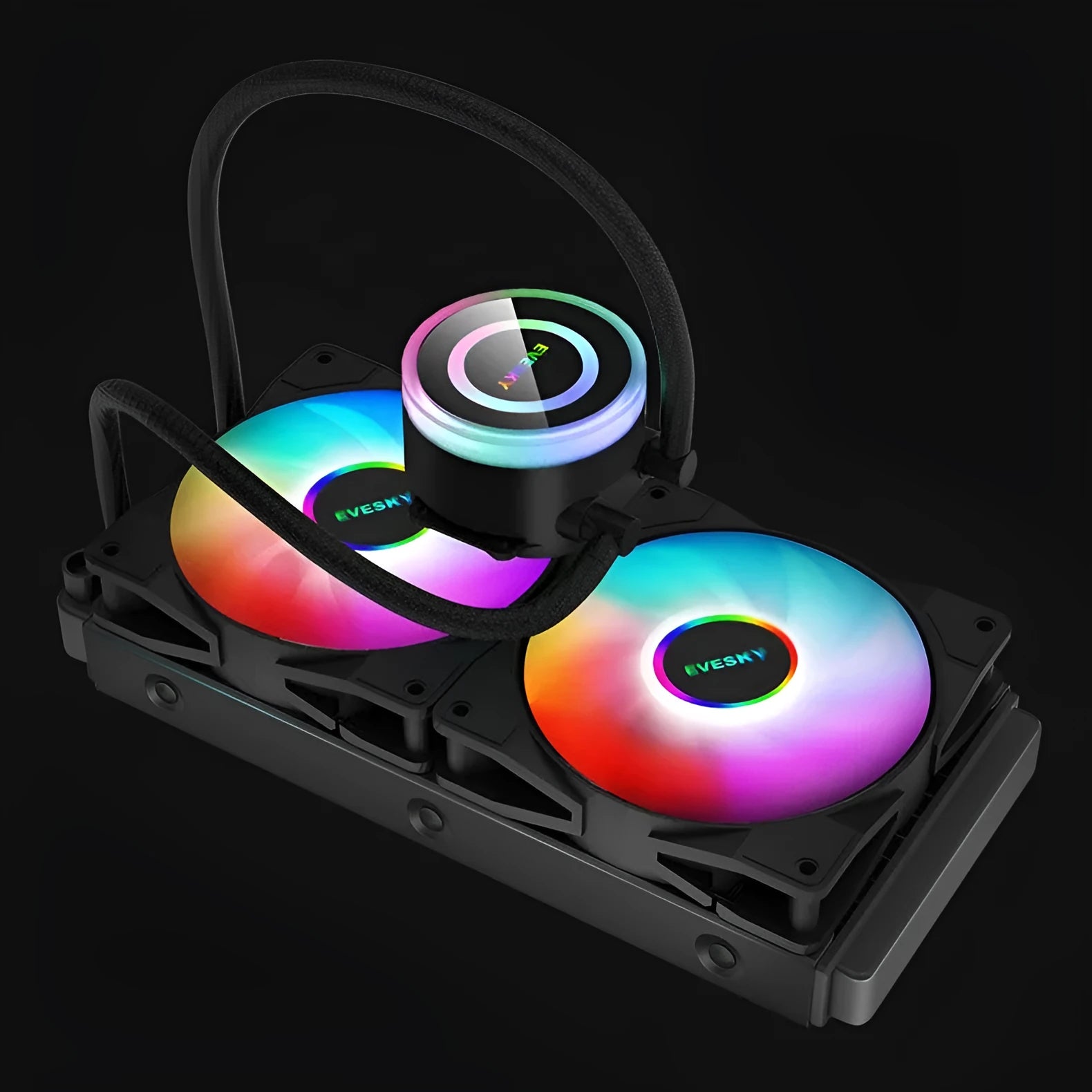 Aluminium CPU radiator with RGB fan lighting mounted in a gaming PC case.