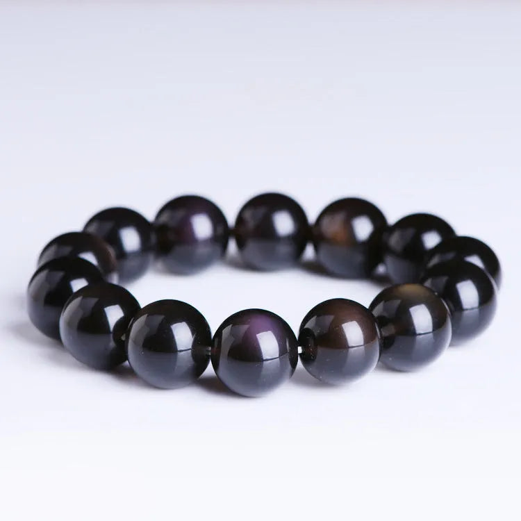 Polished icy obsidian crystal Pi Xiu bracelet with geometric beads in multiple sizes