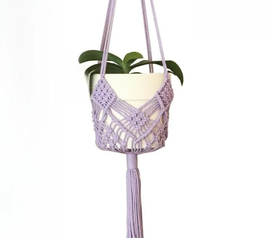 Hand-woven brown polyester cotton flower pot cover with a net pocket on the side.