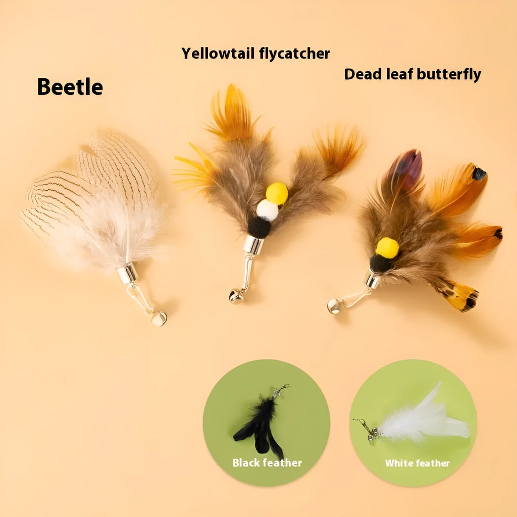 Three steel wire cat toy replacement heads with flying insects design on a plain background
