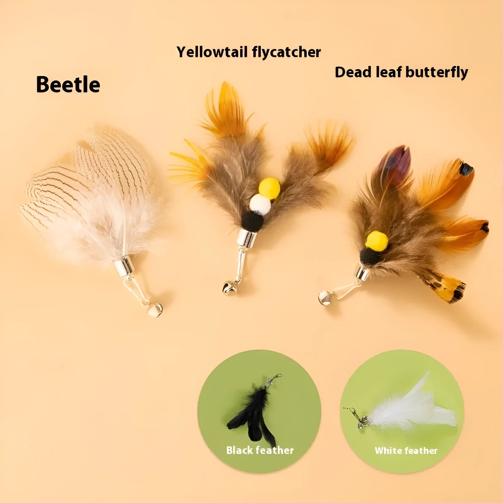 Three steel wire cat toy replacement heads with flying insects design on a plain background