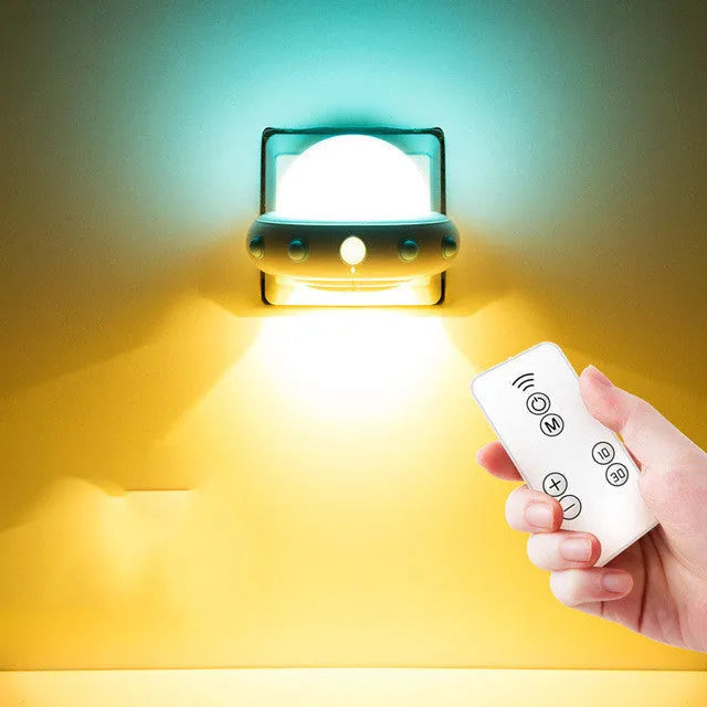 Remote control UFO bedside night light in blue, pink or white with ABS plastic lamp shade