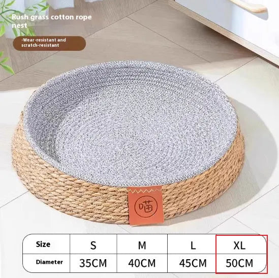 Rattan woven cat bed nest in cage style for indoor use, shown in size L.