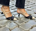 Women's apricot and black colour block stiletto heel sandals with buckle closure and pointed toe
