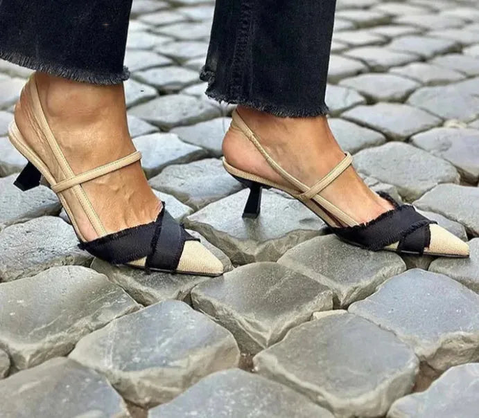 Women's apricot and black colour block stiletto heel sandals with buckle closure and pointed toe