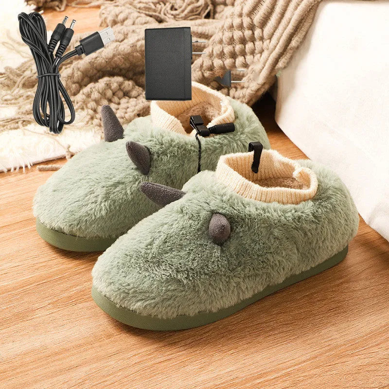 Plush velvet USB heating slippers with a USB cable and power converter, shown in taro purple colour.
