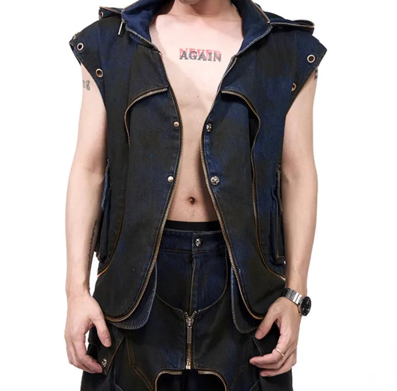 Blue Korean style hooded denim vest coat with matching trousers, front zip closure.