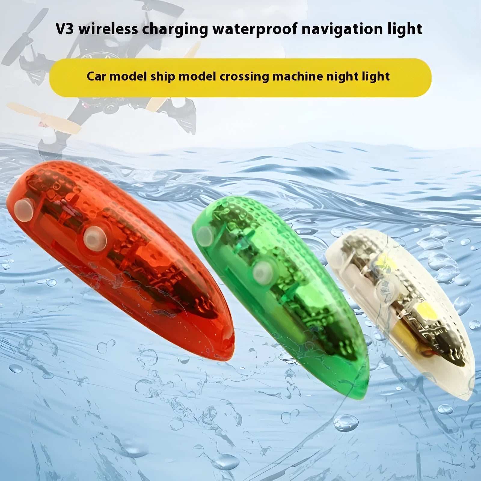 V3 Wireless Charging Waterproof Navigation Light for RC model cars and boats in green, red, or white