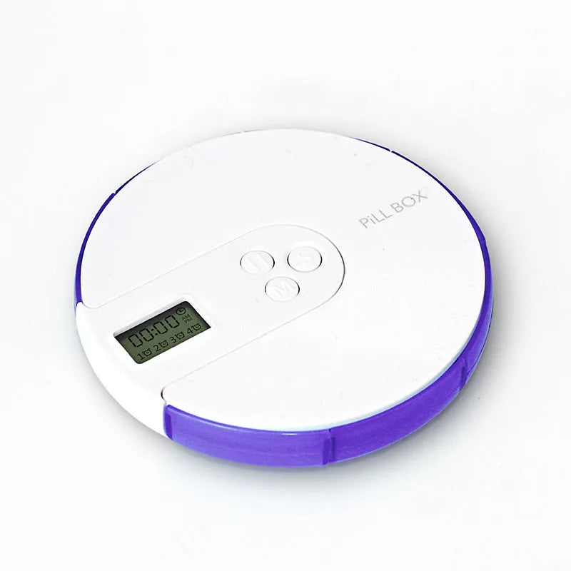 Seven-compartment alarm clock pill dispenser showing front display and storage slots.