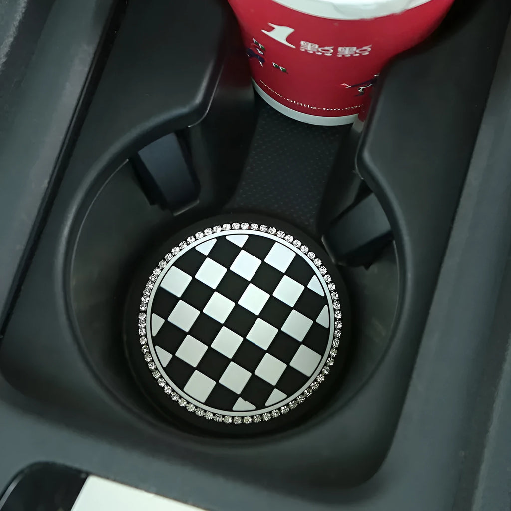 PVC car cup holder mat with non-slip base in black and white checkerboard pattern