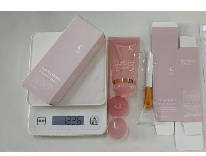 75ml bottle of collagen night face mask with application brush for skin firming and hydration.