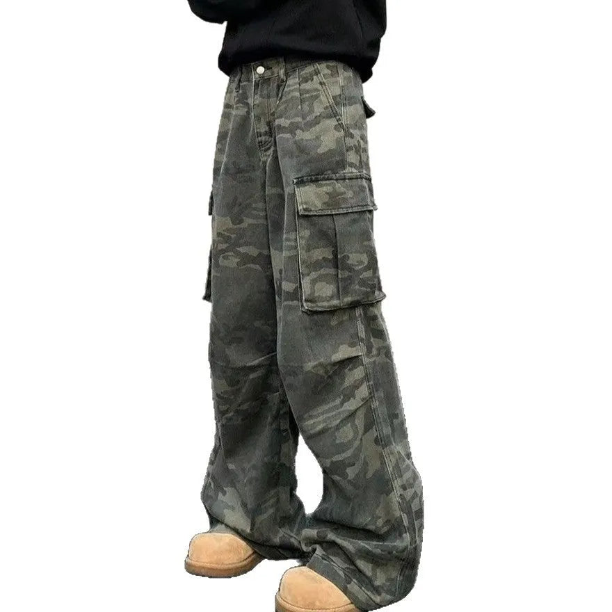 A pair of washed camouflage print cargo pants with multiple pockets on a mid-waist, showing the full trouser length.