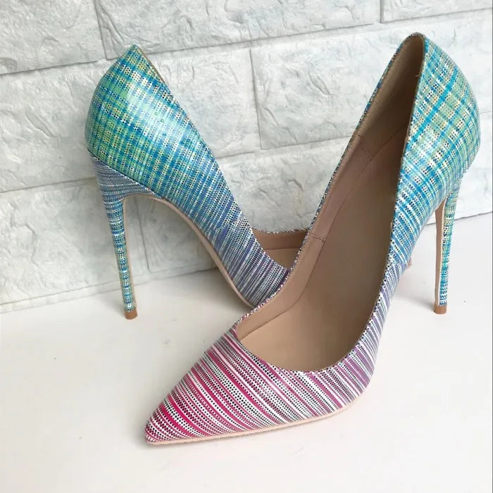 Pink blue gradient patent leather ladies high-heel shoes with pointed toe and thin heel.