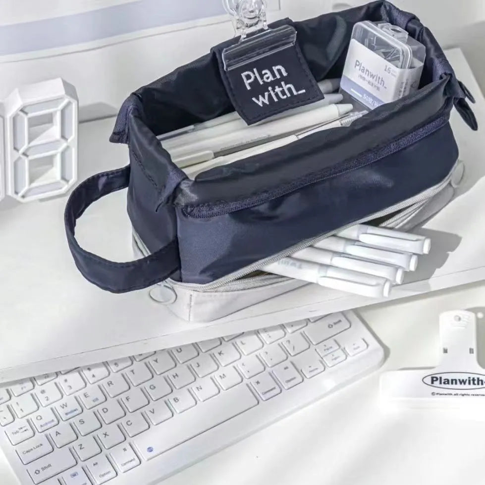 Folding double layer student pencil case in polyester with three colour options