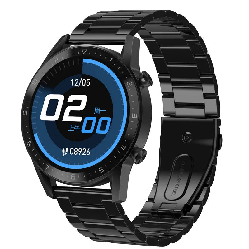 Smart sports watch with leather strap and 1.3-inch touchscreen displaying activity metrics