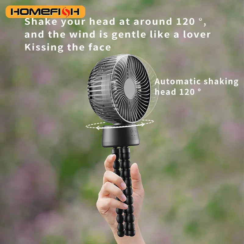 HOMEFISH F2 automatic shaking head portable fan with LED light on an adjustable bracket.