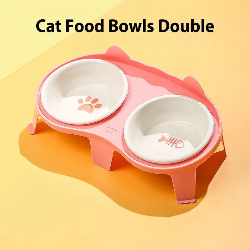 Blue ceramic cat food and water bowls in an elevated white ABS plastic stand with a hook