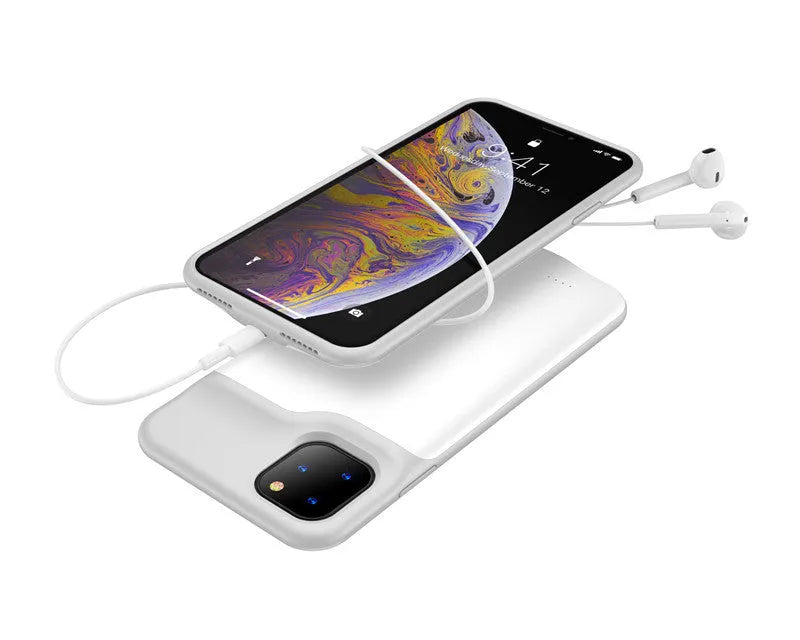 Shockproof silicone iPhone battery charger case shown in available colours: black, blue, pink, and white.