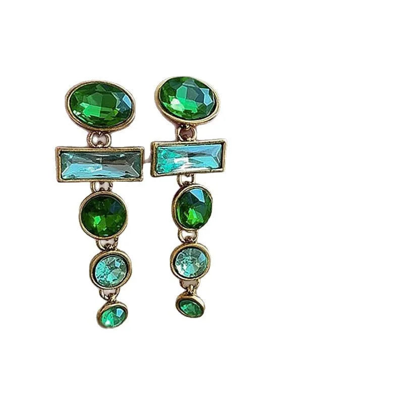 A pair of green gradient geometric alloy earrings with zircon inlay and tassel details.